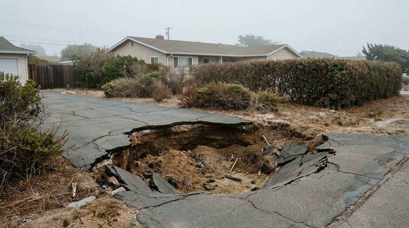 Deep sinkhole in a cracked driveway outside a low coastal home in Malibu, California