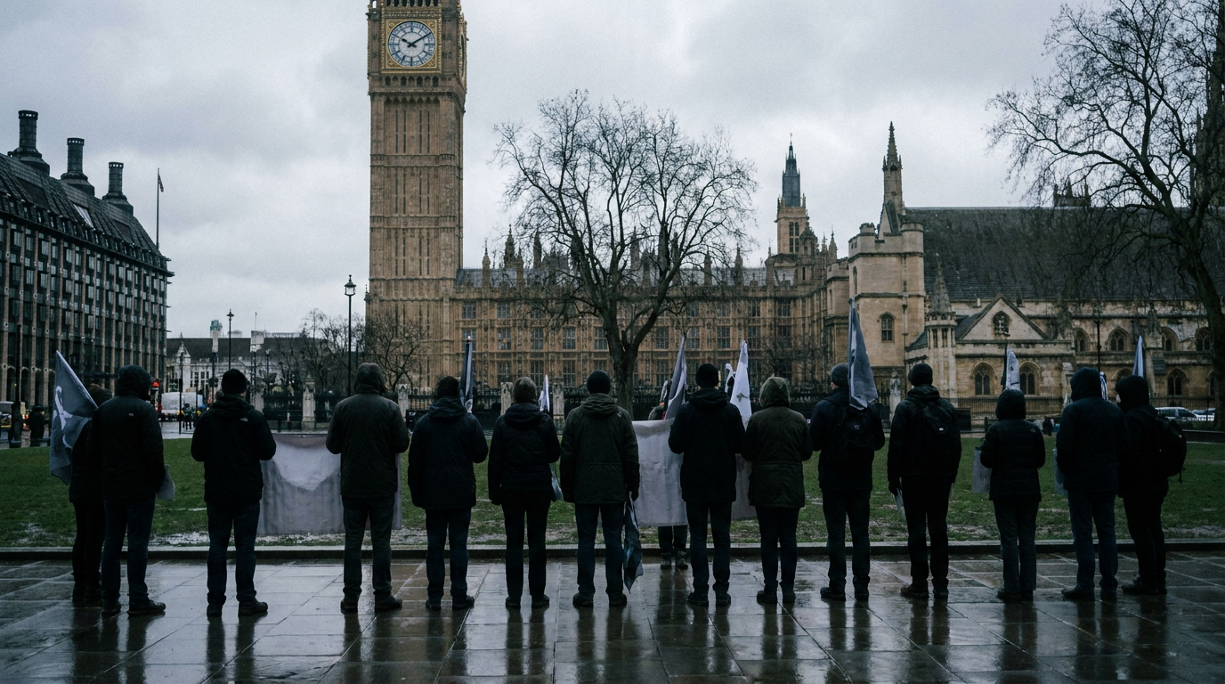 Campaigners seen from behind in Parliament Square, with the Palace of Westminster in the background.