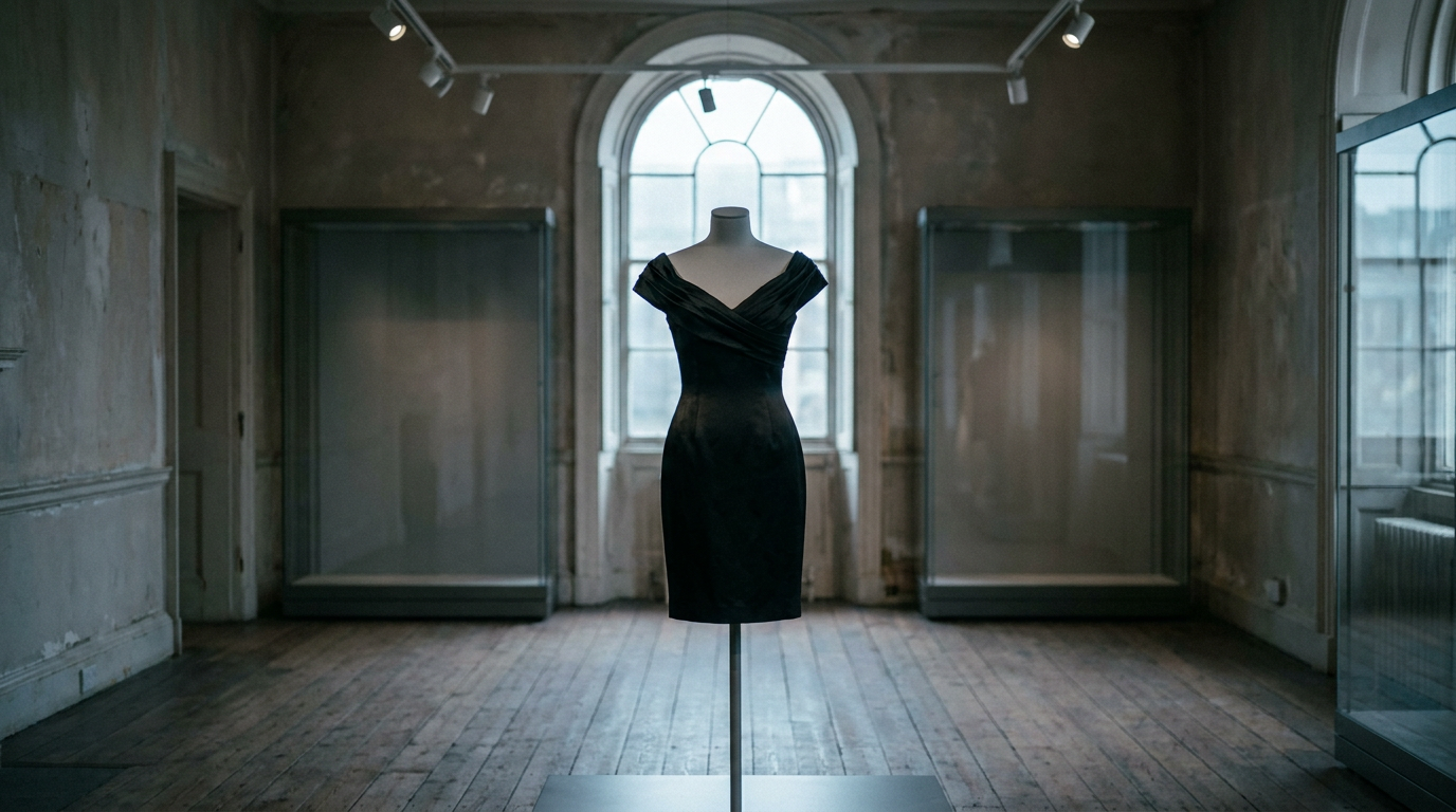 Short black silk evening dress displayed on a mannequin inside a London auction gallery