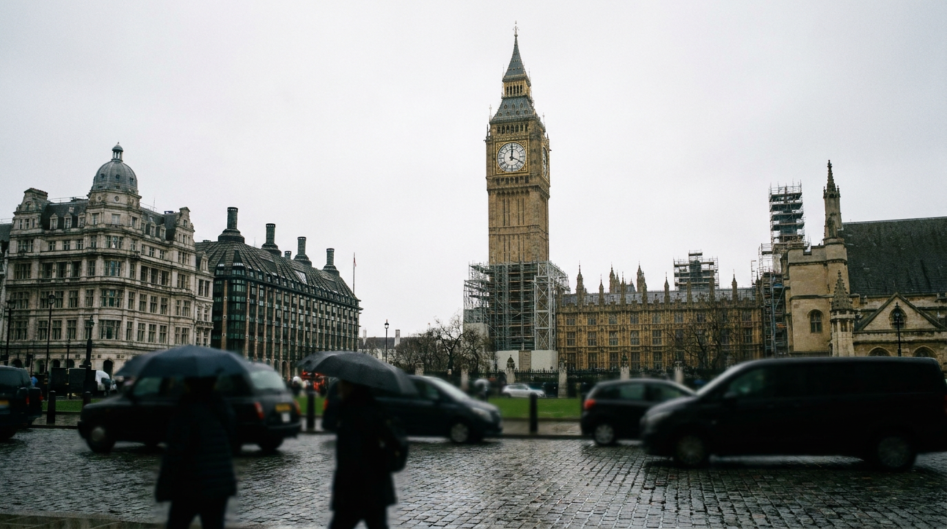 The Palace of Westminster seen from Parliament Square in London.