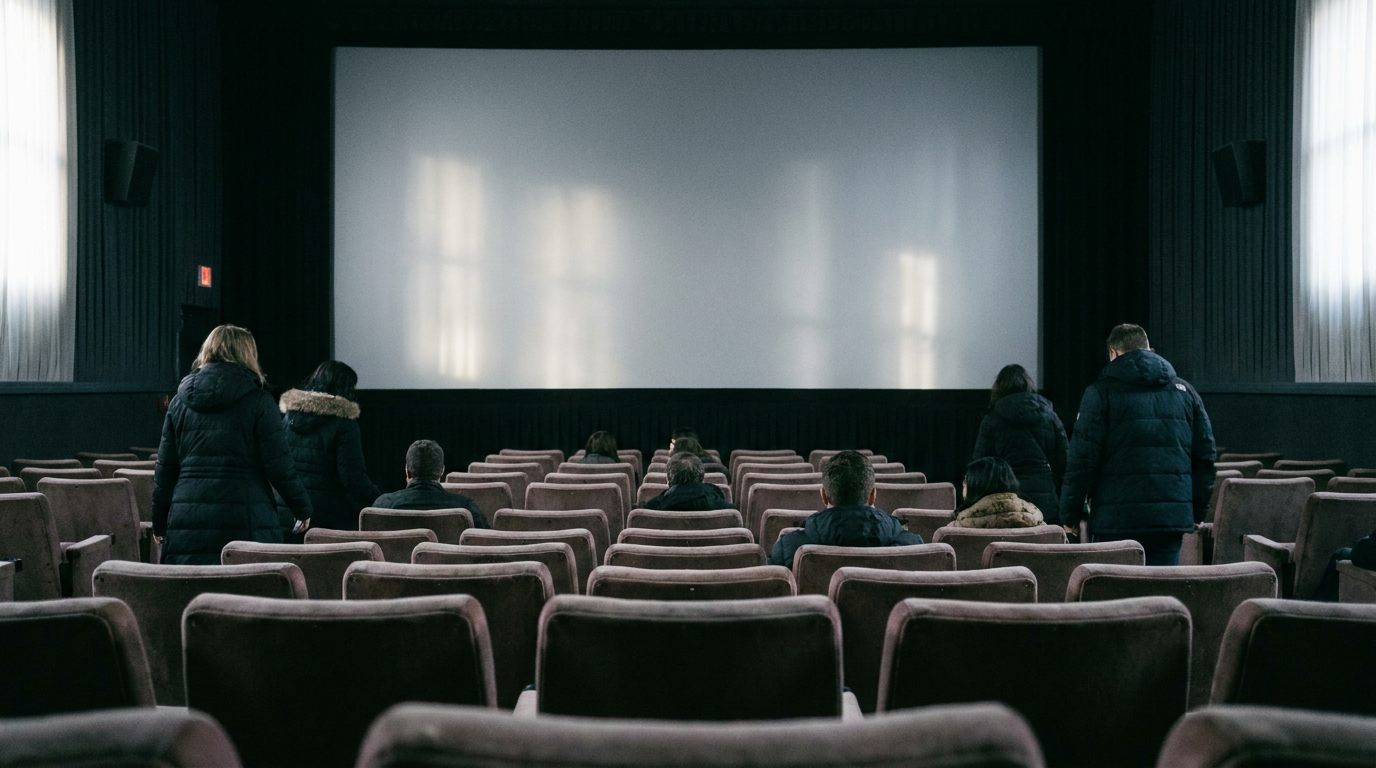Cinema auditorium in Toronto with an unlit screen and attendees taking their seats