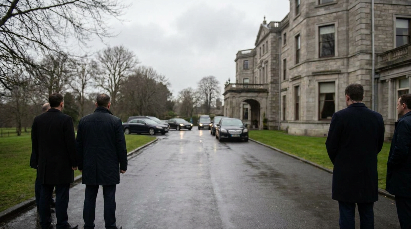 Official vehicles and security personnel outside Farmleigh House in Dublin.
