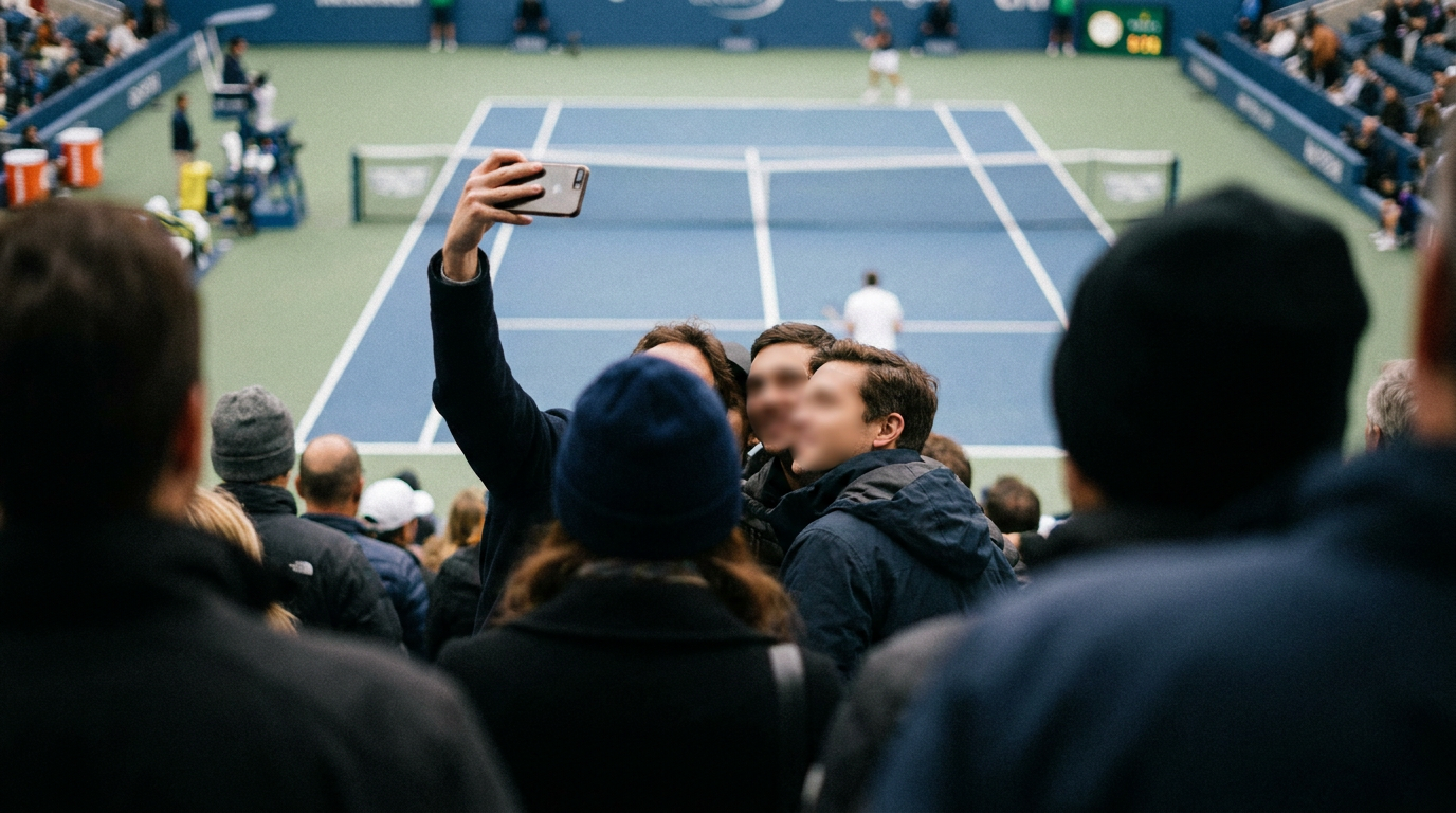 Spectators in the US Open stands in New York, with a raised phone and a tennis court below.