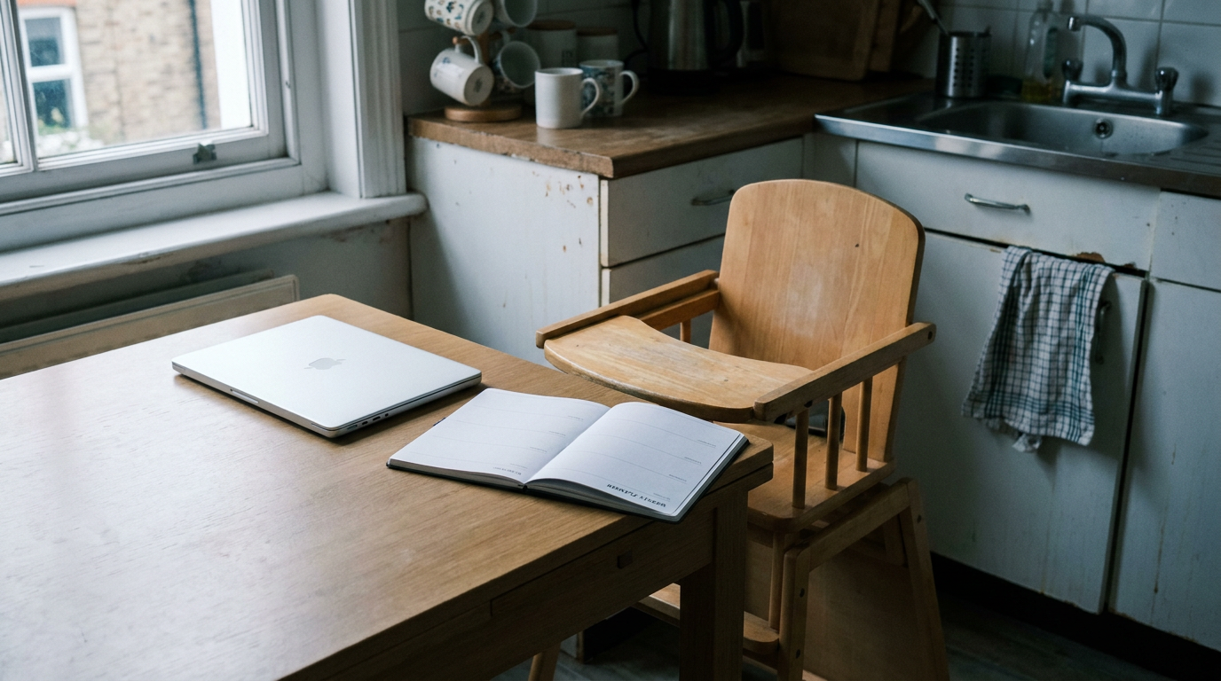 A laptop and blank weekly planner on a kitchen table beside a child's high chair