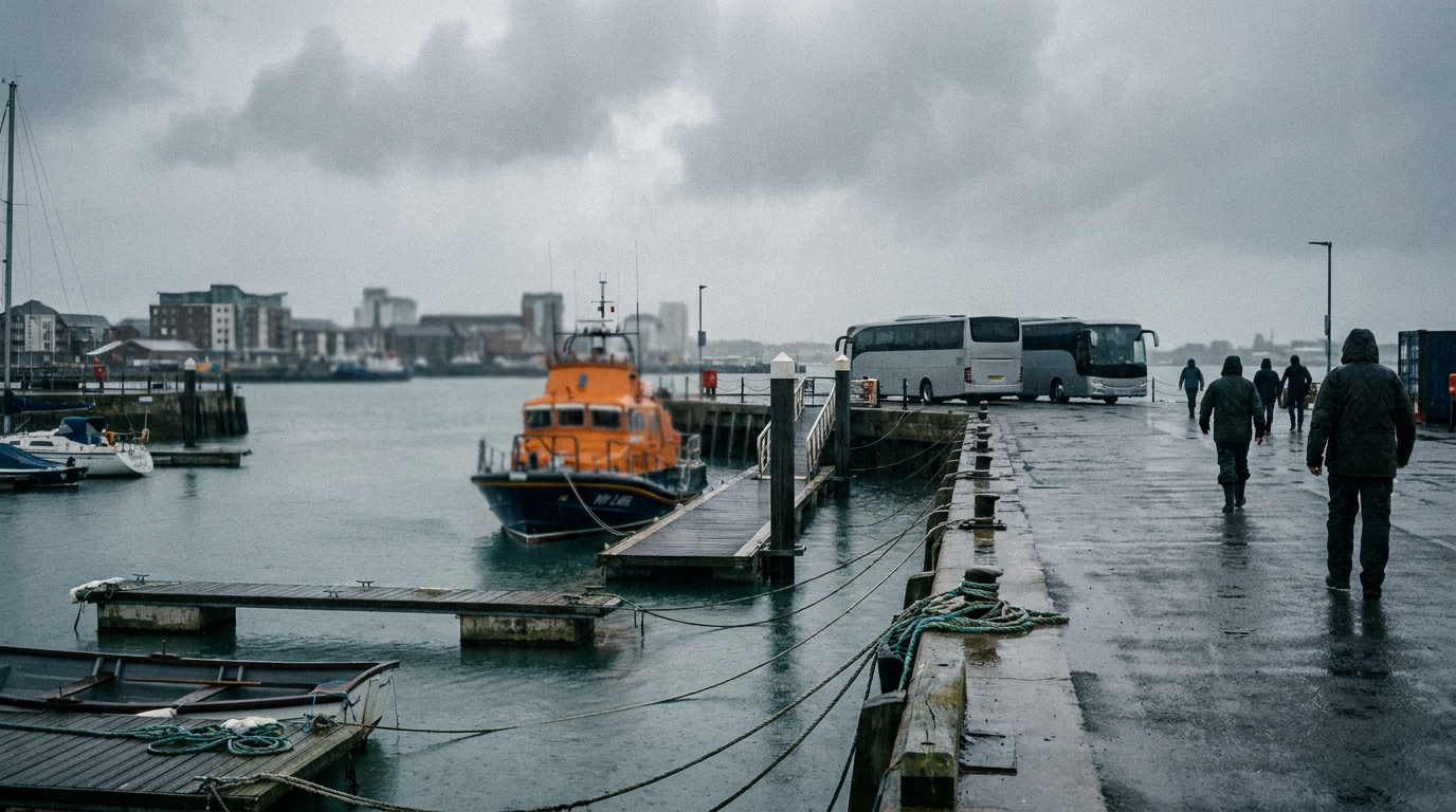 A lifeboat near the landing point at Eastney Marina in Portsmouth, with coaches waiting on the waterfront.
