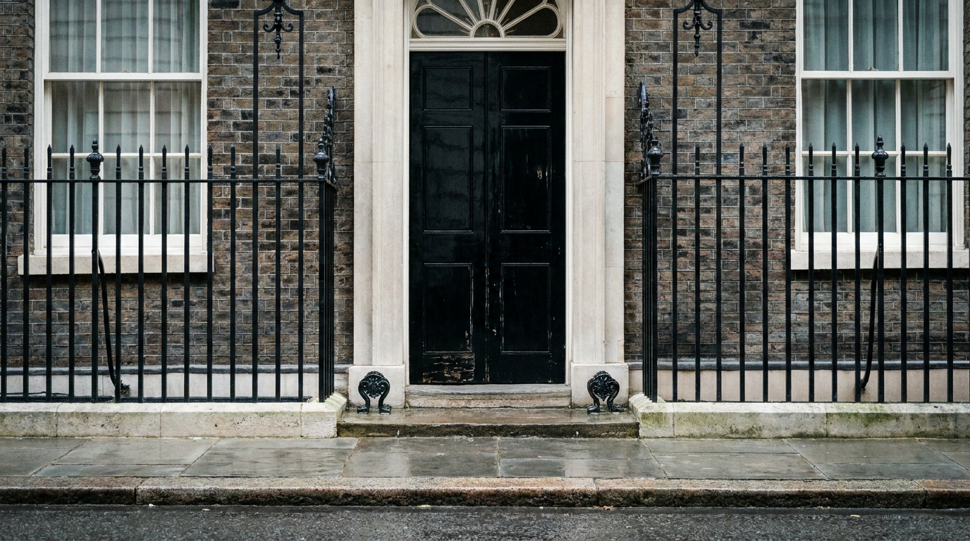 Closed black entrance door and iron railings at Downing Street in London.