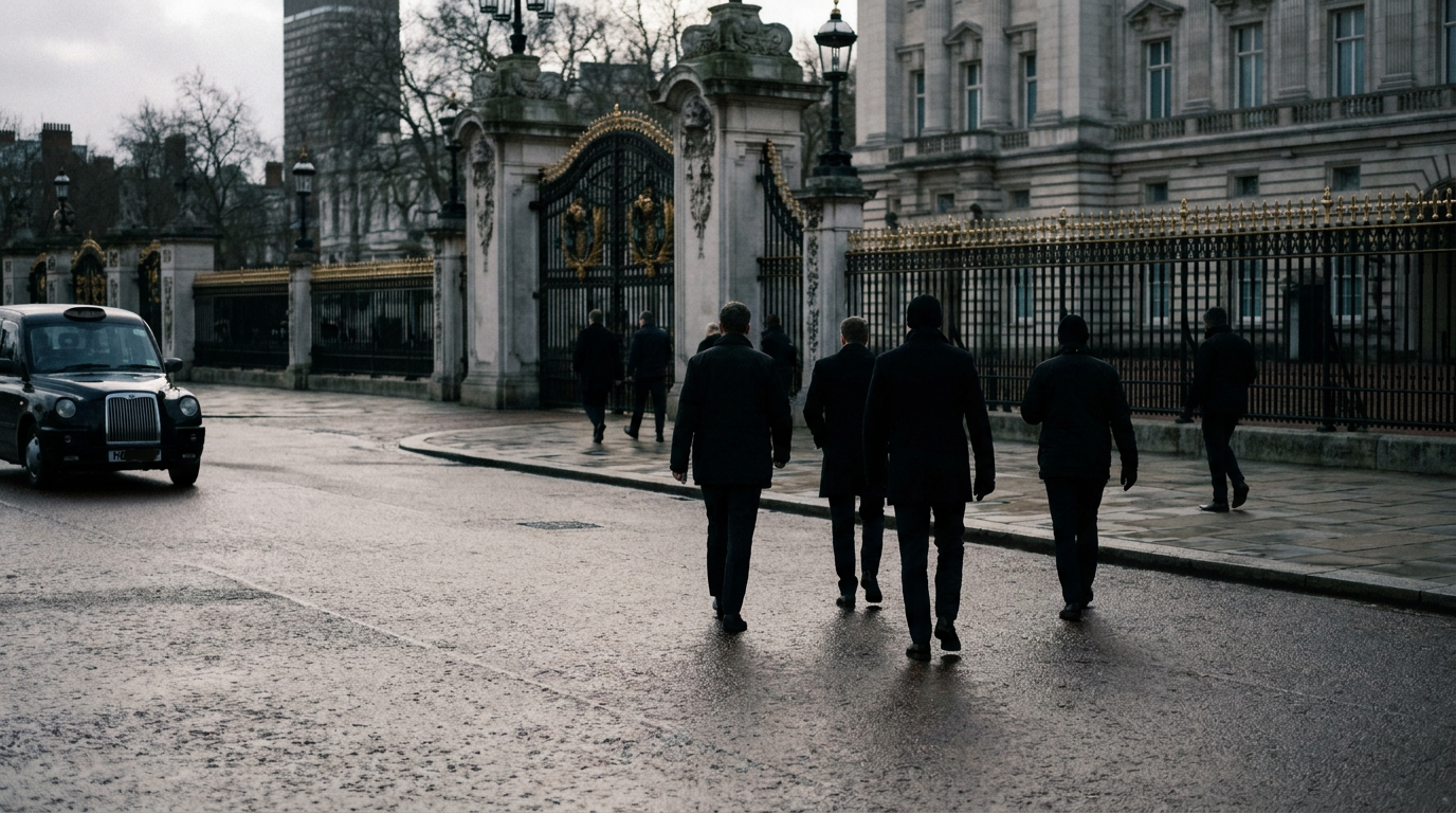 Buckingham Palace and its forecourt in London, with pedestrians beside the gates.