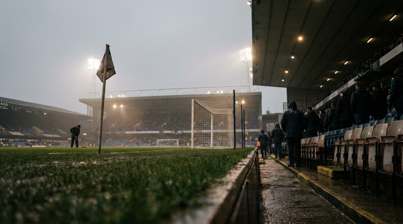 Floodlit pitch at Portman Road with spectators in the stands before an evening match