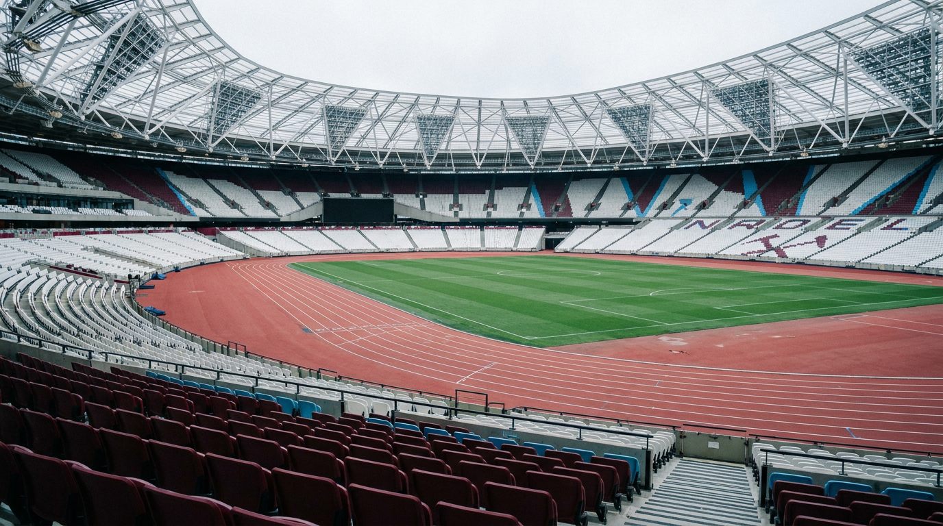 Athletics track, football pitch and empty seating inside the London Stadium.