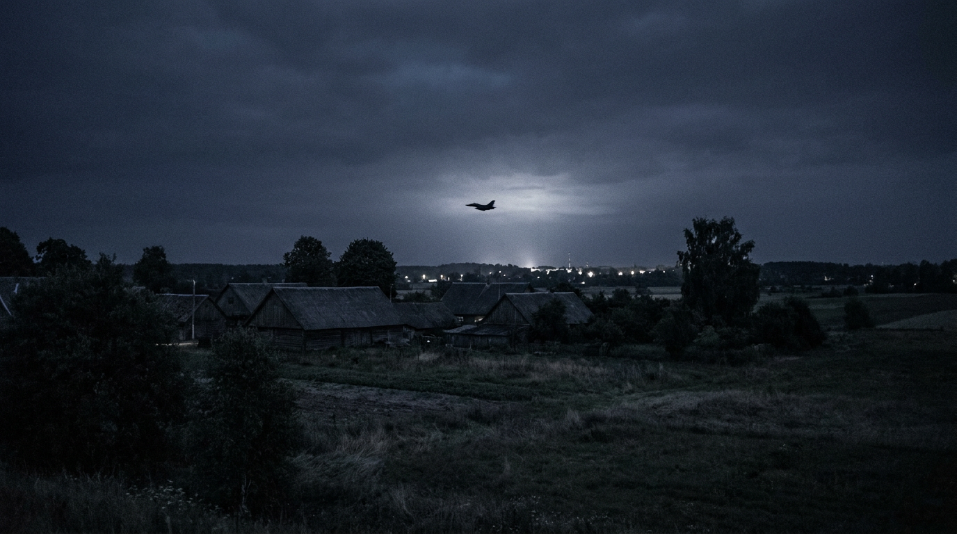 A distant fighter aircraft above rural rooftops near Pratkunai, outside Kaunas in Lithuania, at night.