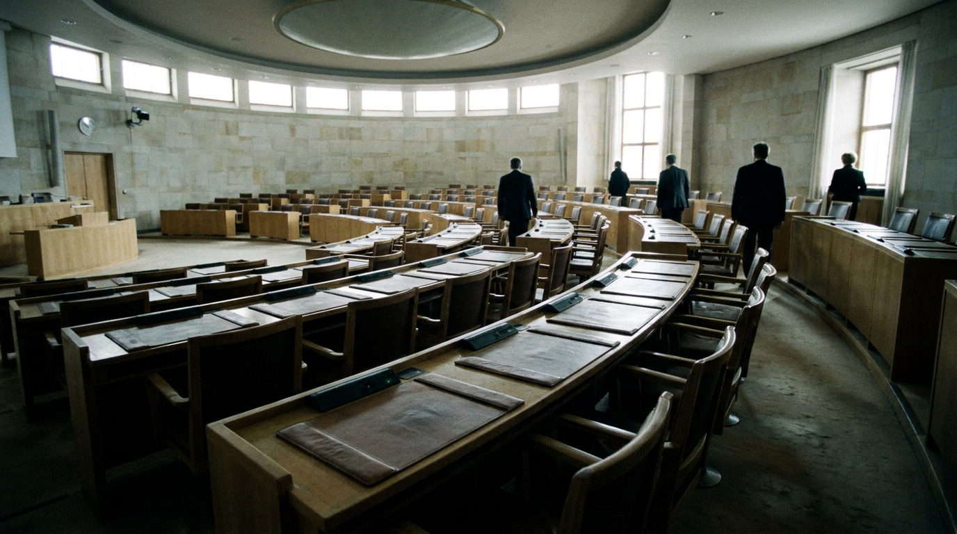 Curved rows of desks inside Sweden's Riksdag chamber in Stockholm, with distant figures seen from behind.