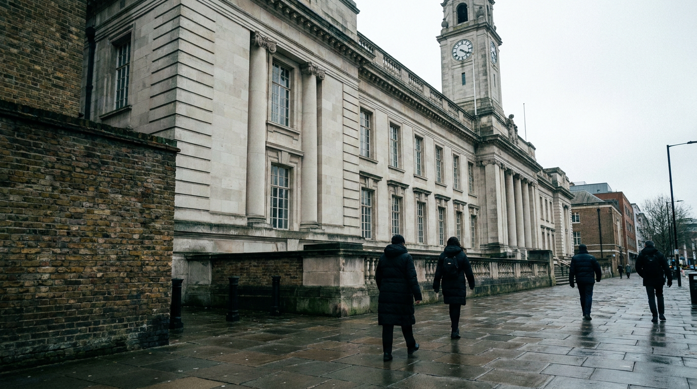 Wandsworth Town Hall in south-west London, with pedestrians walking along the pavement.