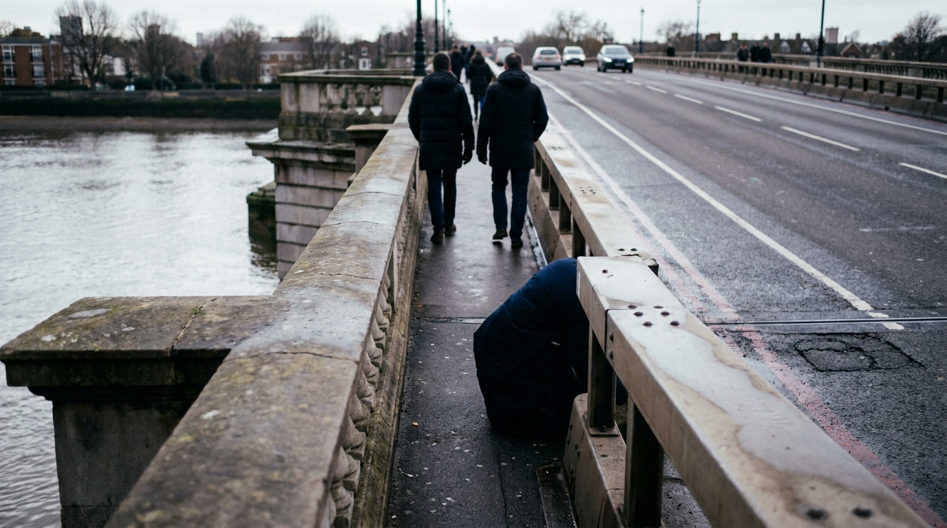 Pavement and roadway on Putney Bridge in London, with distant pedestrians and the river beyond the parapet.
