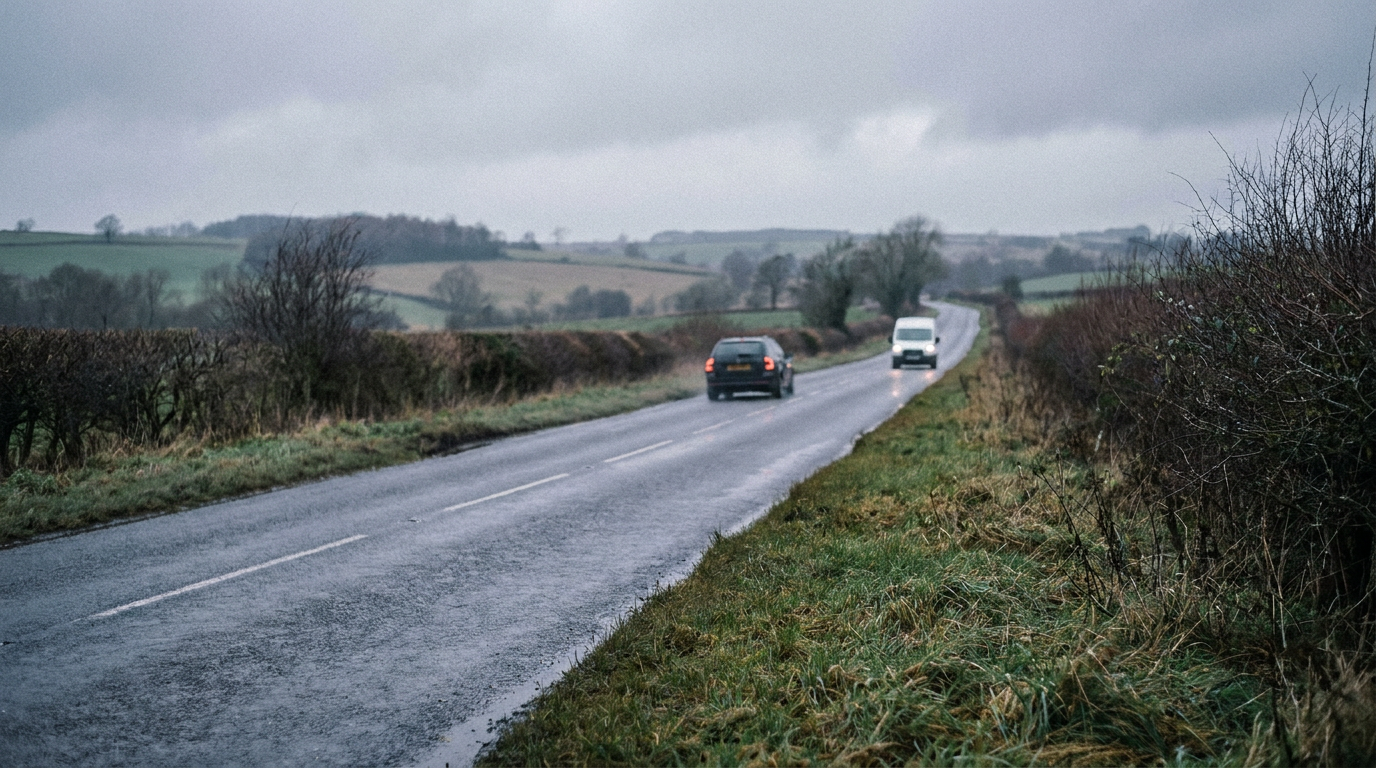The single-carriageway A61 between Staincross and Newmillerdam, with grass verges and distant traffic.