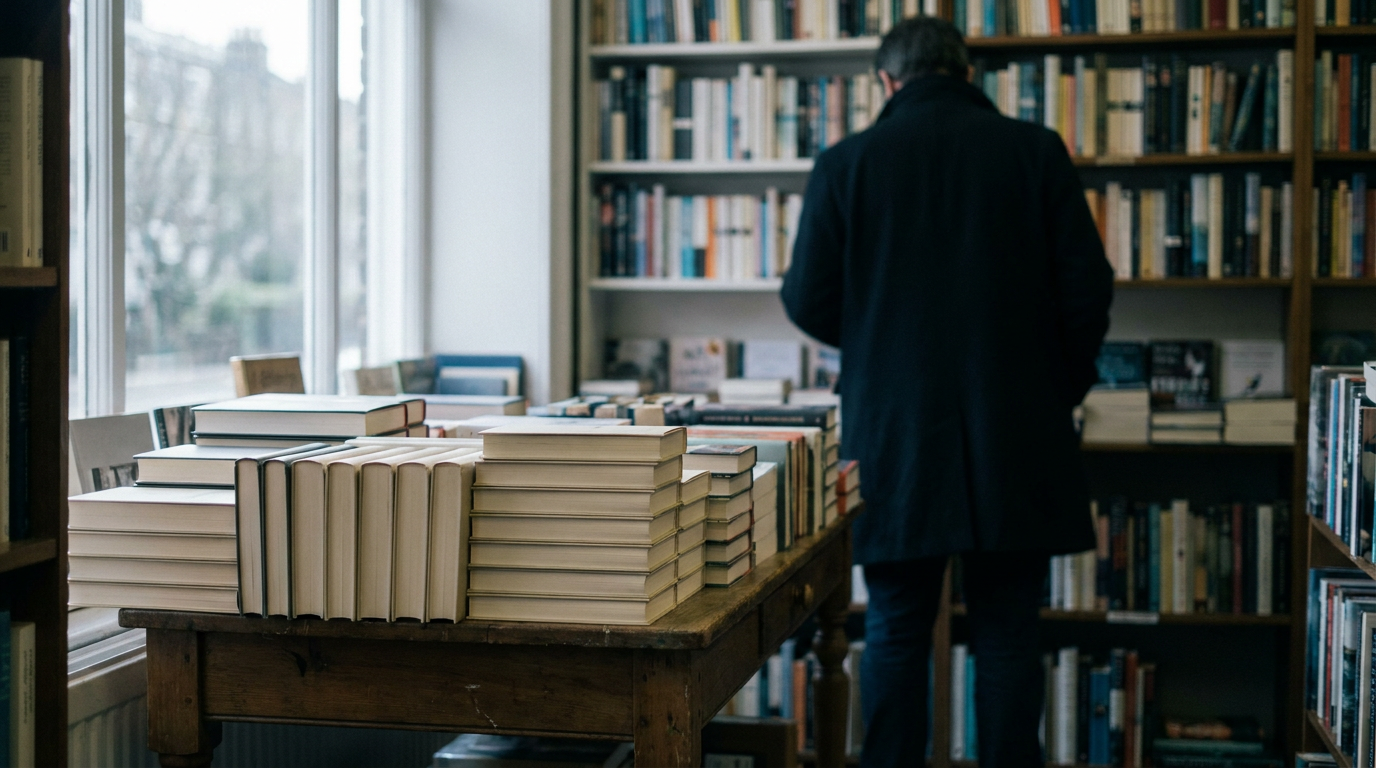 Hardback books stacked on a sales table inside a London bookshop, with a browser in the background.