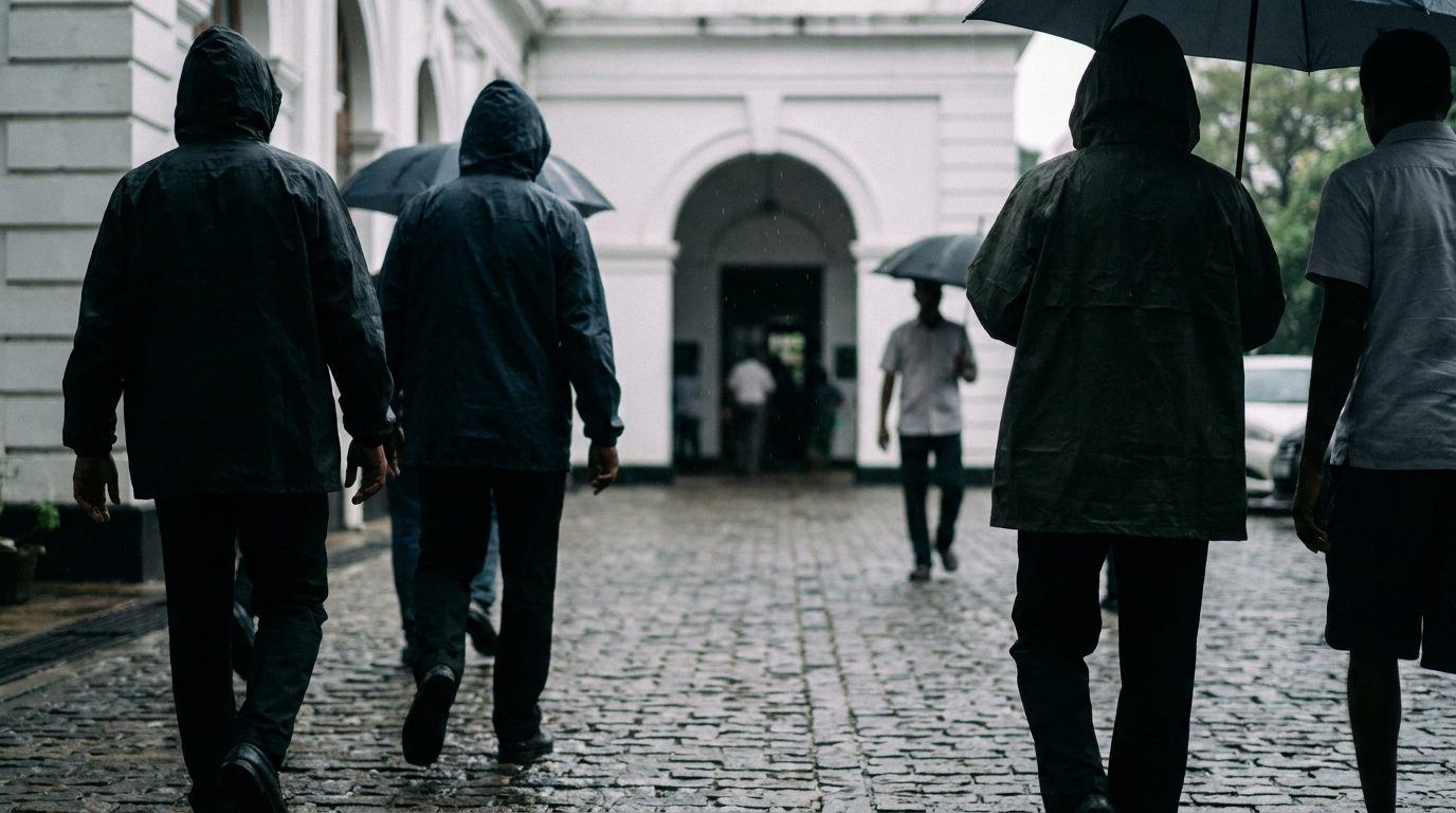 Visitors seen from behind approaching a courthouse entrance in Sri Lanka
