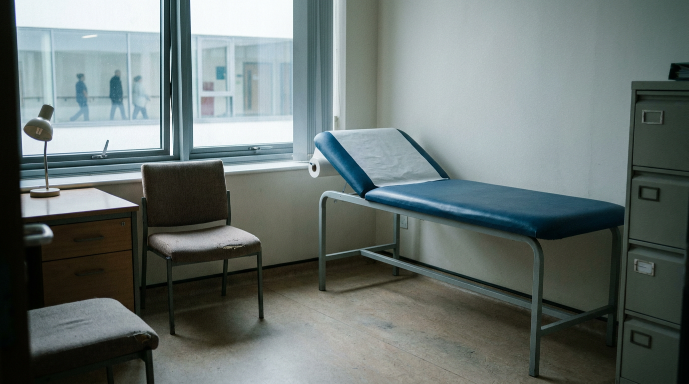 An empty consultation room at Alder Hey children's hospital in Liverpool, with an examination couch and visitor chairs.