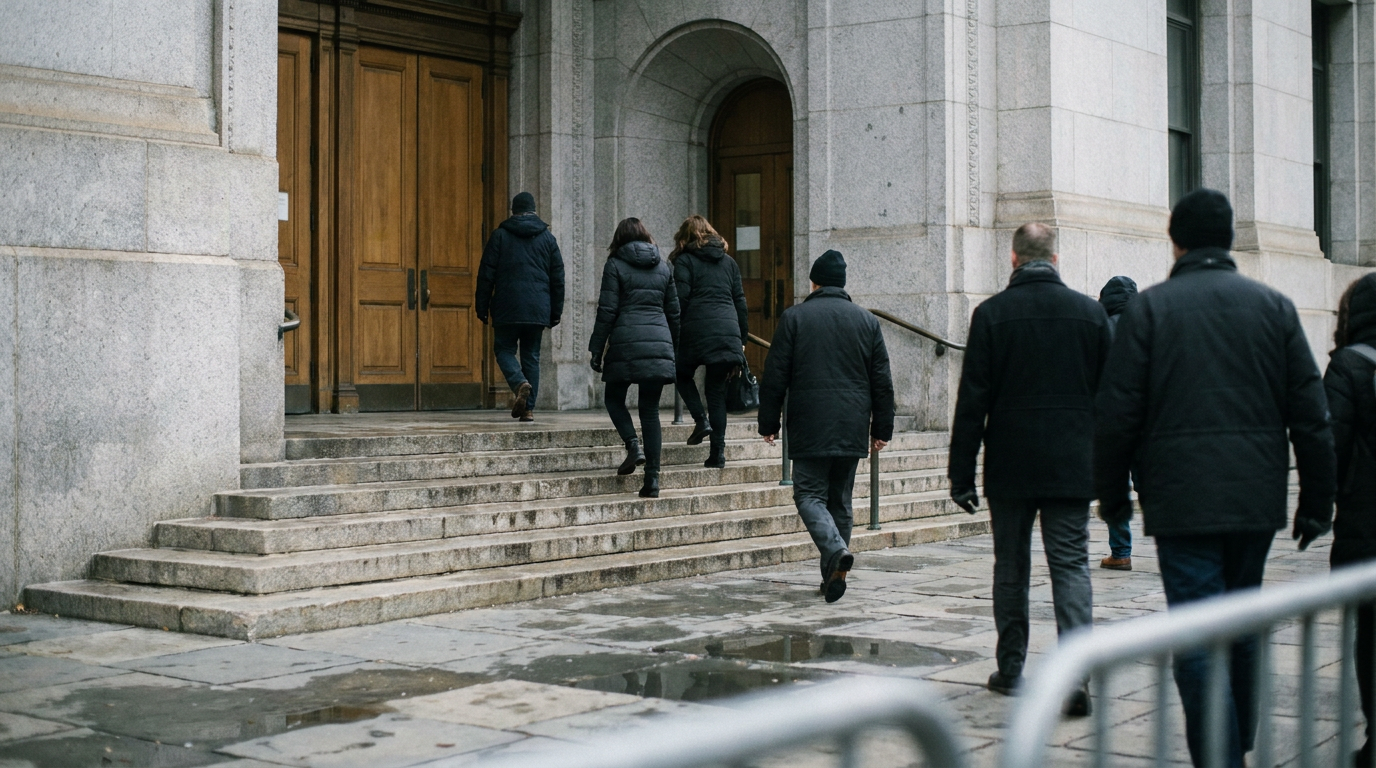 Visitors approaching the stone steps and entrance of a Manhattan courthouse.