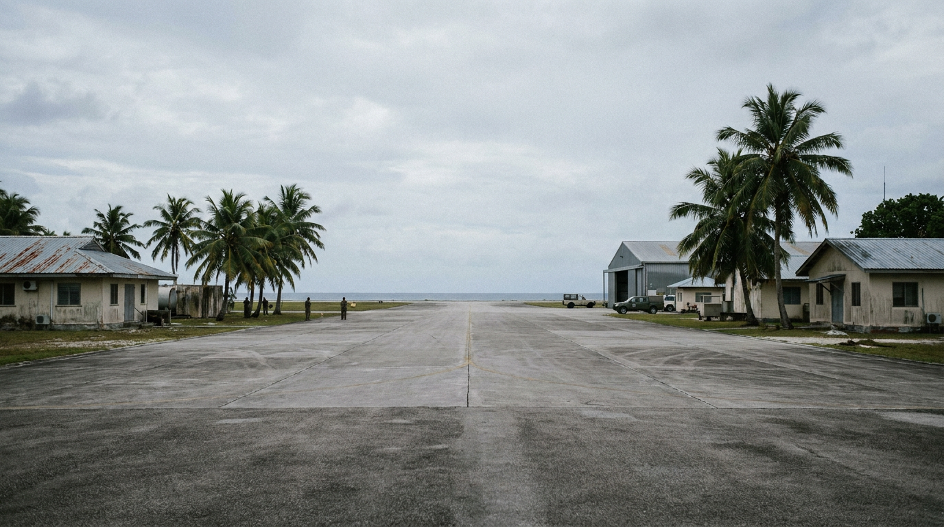 Coastal airfield on Diego Garcia, with low buildings, palms and Indian Ocean waters.