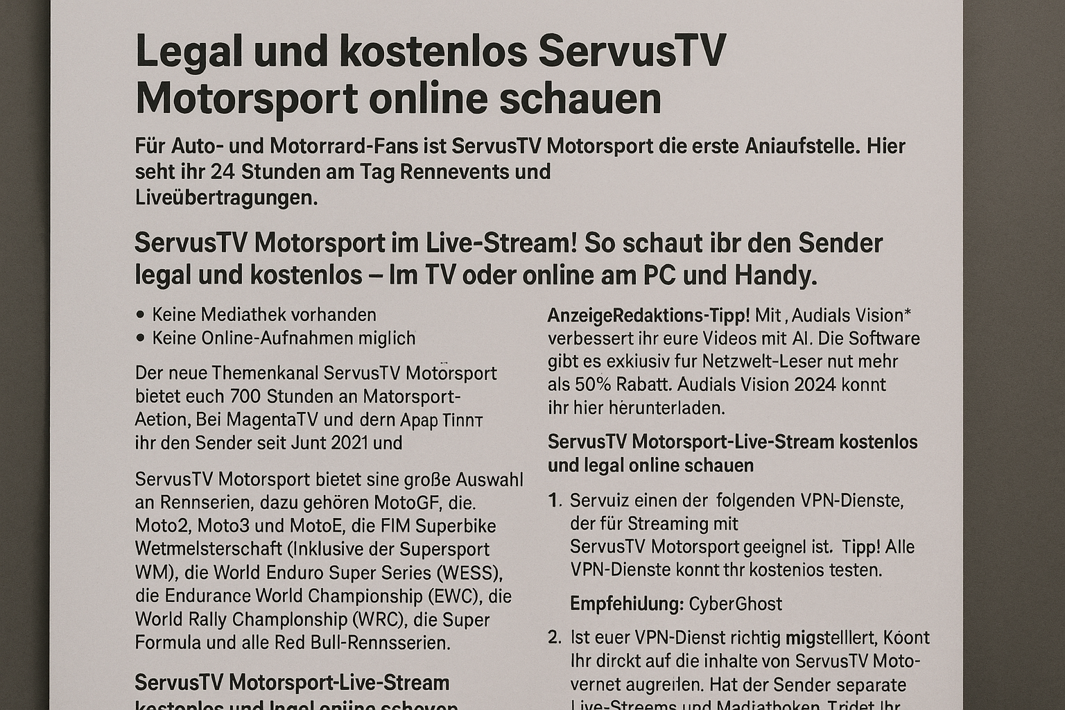 ServusTV Motorsport offers legal and free streaming for motorsport fans.