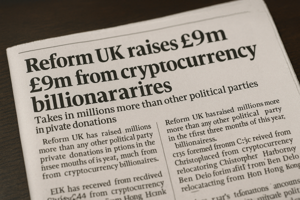 Reform UK outpaces rivals in private donations driven by cryptocurrency wealth